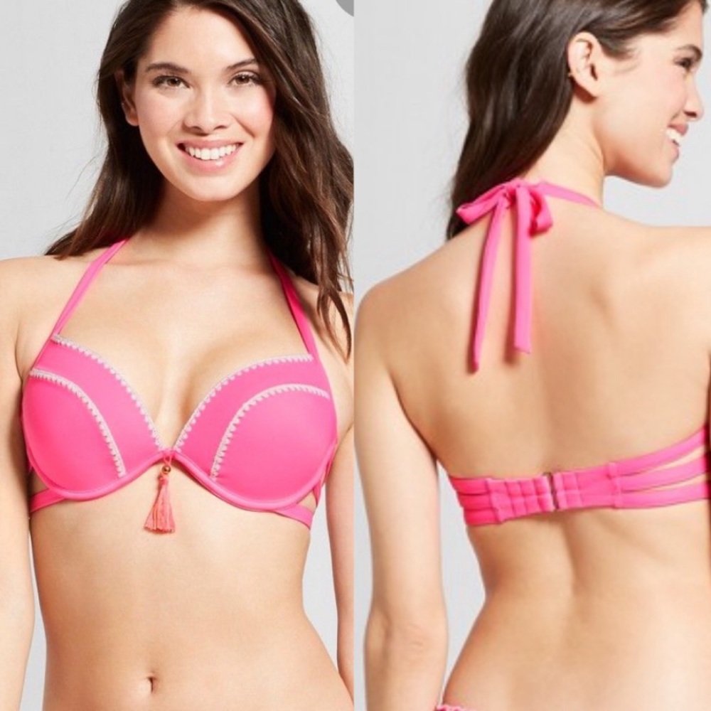 SHADE & SHORE NEON PINK STRING TIE NECK BIKINI TOP